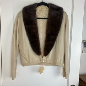 MINT! Vintage Cream Cardigan with Brown Fur Collar NWT